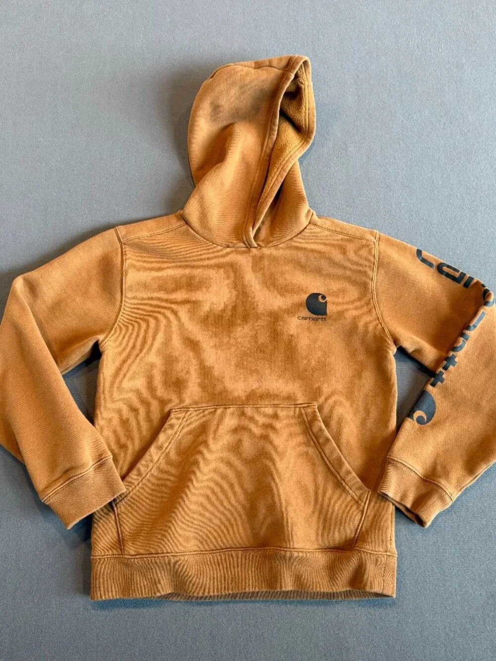 Carhartt Pullover Hoodie Sleeve Logo Workwear Brown Large 14-16
